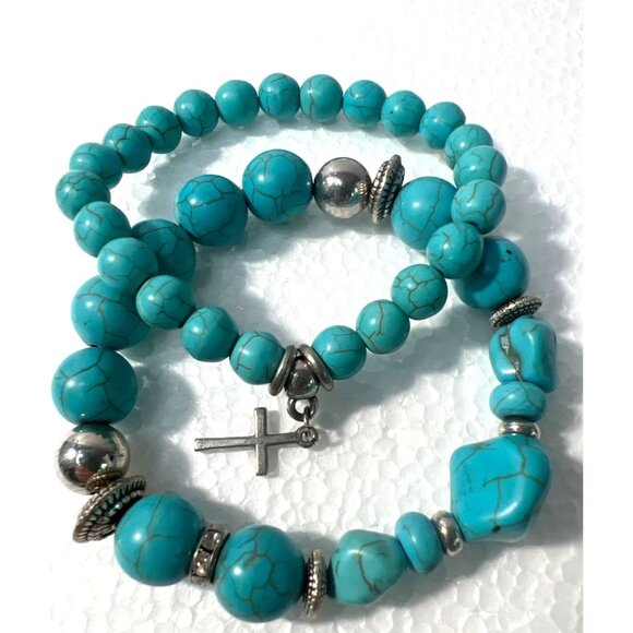 Faux Turquoise Beaded Stretch Bracelets Silver-tone, Rhinestones and Cross - Picture 1 of 6